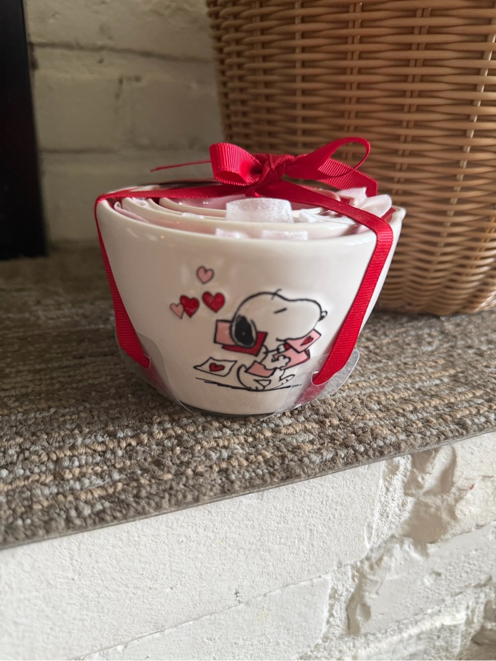 Rae Dunn White Ceramic Snoopy Cup with Red Ribbon and Pink Accents